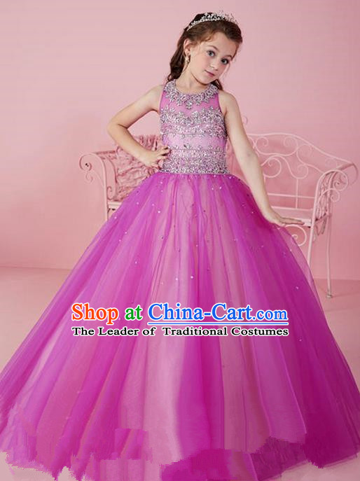 Top Grade Chinese Compere Professional Performance Catwalks Costume, Children Chorus Pink Crystal Big Swing Wedding Formal Dress Modern Dance Baby Princess Long Bubble Dress for Girls Kids