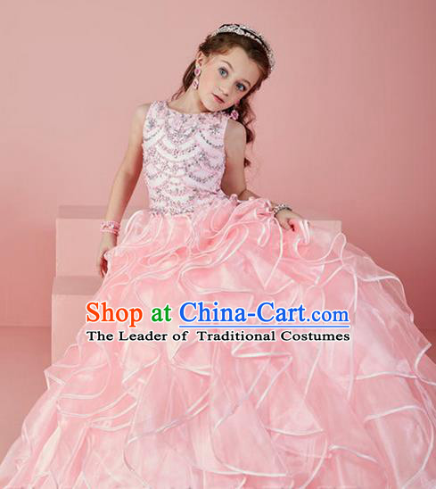 Top Grade Chinese Compere Professional Performance Catwalks Costume, Children Chorus Pink Crystal Big Swing Wedding Formal Dress Modern Dance Baby Princess Long Bubble Dress for Girls Kids