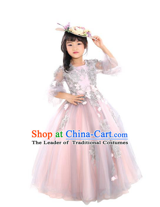 Top Grade Chinese Compere Professional Performance Piano Recital Catwalks Costume, Children Chorus Luxury Flower Fairy Wedding Veil Bubble Formal Dress Modern Dance Baby Princess Trailing Long Dress for Girls Kids