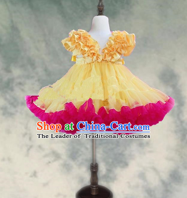 Top Grade Chinese Compere Professional Performance Catwalks Costume, Children Chorus Yellow and Pink Bubble Formal Dress Modern Dance Baby Princess Veil Short Dress for Girls Kids