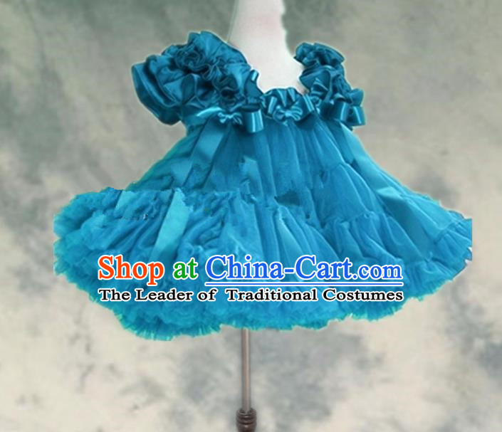 Top Grade Chinese Compere Professional Performance Catwalks Costume, Children Chorus Peacock Blue Bubble Formal Dress Modern Dance Baby Princess Veil Short Dress for Girls Kids