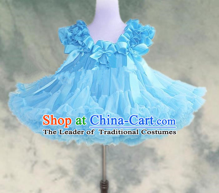 Top Grade Chinese Compere Professional Performance Catwalks Costume, Children Chorus Light Blue Bubble Formal Dress Modern Dance Baby Princess Veil Short Dress for Girls Kids