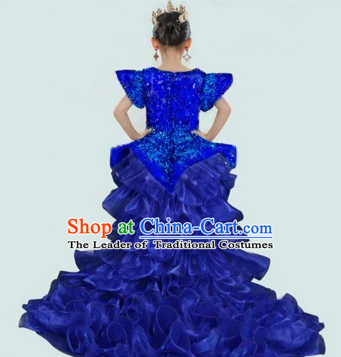 Top Grade Compere Professional Performance Catwalks Costume, Children Chorus Blue Paillette Bubble Formal Dress Modern Dance Baby Princess Long Trailing Dress for Girls Kids