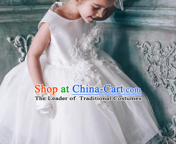 Top Grade Compere Professional Performance Catwalks Costume, Children Chorus White Flowers Multilayer Veil Bubble Formal Dress Modern Dance Baby Princess Short Dress for Girls Kids