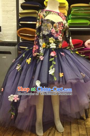 Top Grade Compere Professional Performance Catwalks Costume, Children Chorus Blue Bubble Backless Formal Dress Modern Dance Baby Princess Long Trailing Dress for Girls Kids