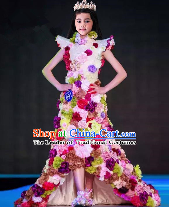 Top Grade Compere Professional Performance Catwalks Costume, Children Chorus Flower Fairy Formal Dress Modern Dance Baby Princess Ball Gown Long Trailing Dress for Girls Kids