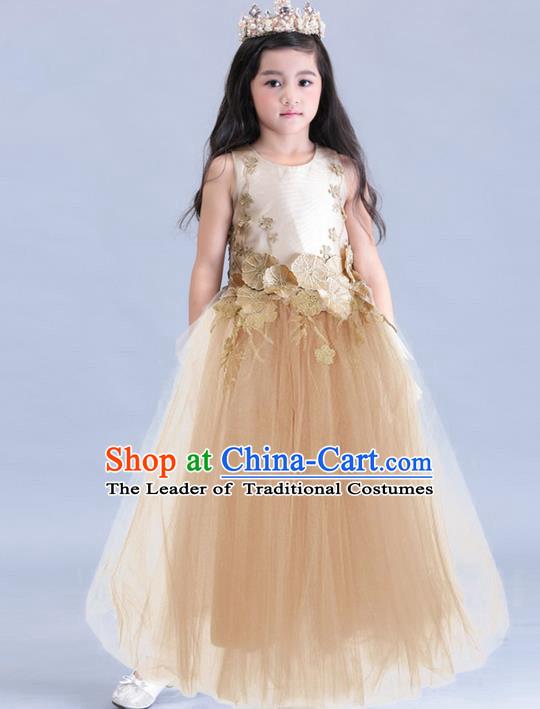 Top Grade Compere Professional Performance Catwalks Costume, Children Chorus Champagne Veil Wedding Formal Bubble Dress Modern Dance Baby Princess Ball Gown Long Dress for Girls Kids