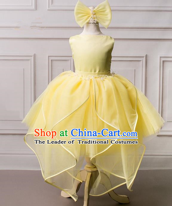 Top Grade Compere Professional Performance Catwalks Costume, Children Chorus Yellow Wedding Veil Formal Bubble Dress Modern Dance Baby Princess Ball Gown Short Dress for Girls Kids