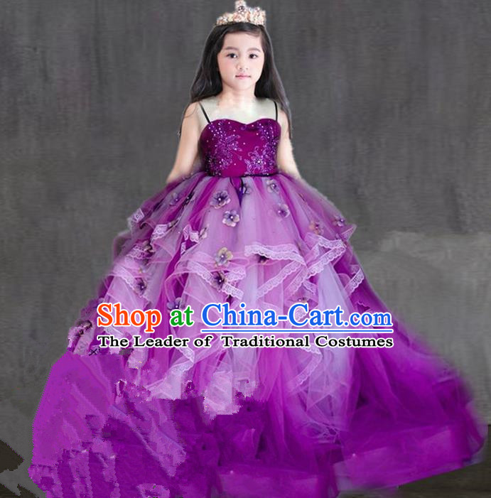 Top Grade Professional Compere Performance Catwalks Costume, Children Chorus Singing Group Purple Flowers Bubble Full Dress Modern Dance Ball Gown Long Trailing Dress for Girls Kids