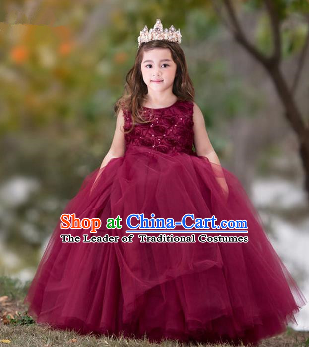 Top Grade Compere Professional Performance Catwalks Costume, Children Chorus Flower Fairy Wine Red Big Swing Wedding Veil Embroidery Formal Dress Modern Dance Baby Princess Ball Gown Long Trailing Dress for Girls Kids