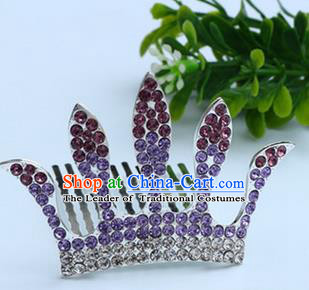 Top Grade Handmade Classical Hair Accessories, Children Baroque Style Purple Crystal Baby Princess Royal Crown Twist Inserted Comb Hair Comb Jewellery for Kids Girls