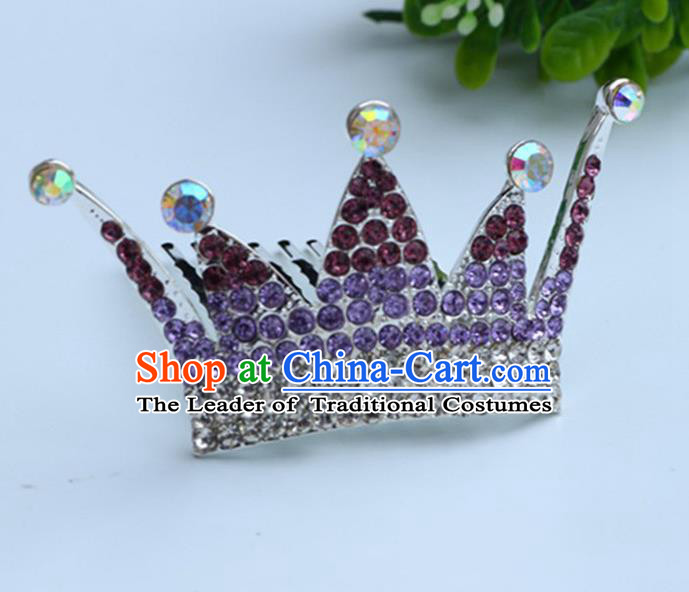 Top Grade Handmade Classical Hair Accessories, Children Baroque Style Purple Crystal Baby Princess Little Royal Crown Twist Inserted Comb Hair Comb Jewellery for Kids Girls