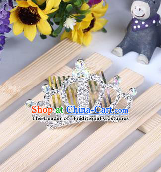 Top Grade Handmade Classical Hair Accessories, Children Baroque Style White Crystal Baby Princess Little Alloy Royal Crown Twist Inserted Comb Hair Comb Jewellery for Kids Girls