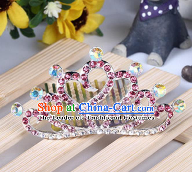 Top Grade Handmade Classical Hair Accessories, Children Baroque Style Pink Crystal Baby Princess Little Alloy Heart-shaped Royal Crown Twist Inserted Comb Hair Comb Jewellery for Kids Girls