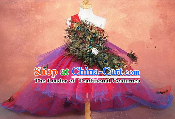 Top Grade Compere Professional Performance Catwalks Costume, Children Chorus Peacock Feathers Formal Dress Modern Dance Baby Princess Modern Fancywork Long Trailing Dress for Girls Kids