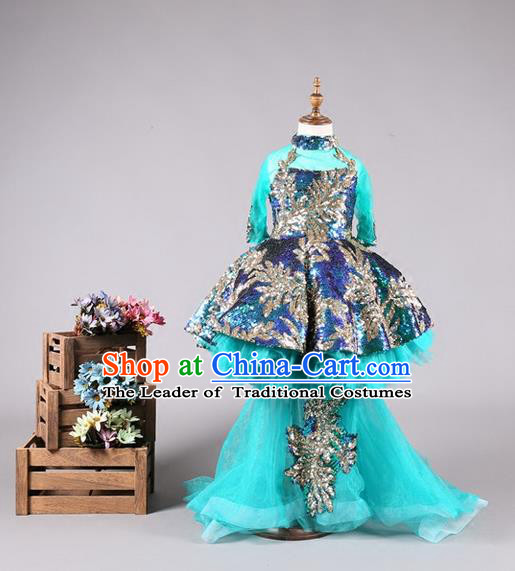 Top Grade Compere Professional Performance Catwalks Costume, Children Chorus Wedding Blue Long Trailing Bubble Full Dress Modern Dance Baby Princess Modern Fancywork Ball Gown Dress for Girls