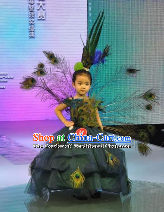 Top Grade Compere Professional Performance Catwalks Costume and Handmade Headpiece Complete Set, Children Chorus Peacock Feathers Bubble Full Dress Modern Dance Baby Princess Modern Fancywork Ball Gown Dress for Girls