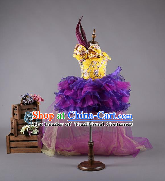 Top Grade Compere Professional Performance Catwalks Costume, China Tang Suit Cheongsam Children Chorus Bubble Full Dress Modern Dance Baby Princess Modern Fancywork Ball Gown Long Trailing Dress for Girls