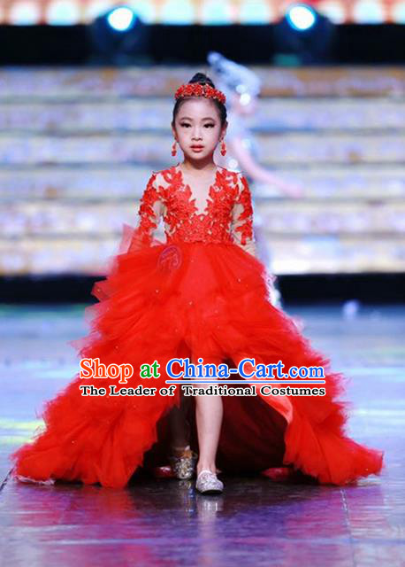 Top Grade Compere Professional Performance Catwalks Costume, China Tang Suit Cheongsam Children Chorus Red Wedding Bubble Full Dress Modern Dance Baby Princess Modern Fancywork Ball Gown Long Trailing Dress for Girls