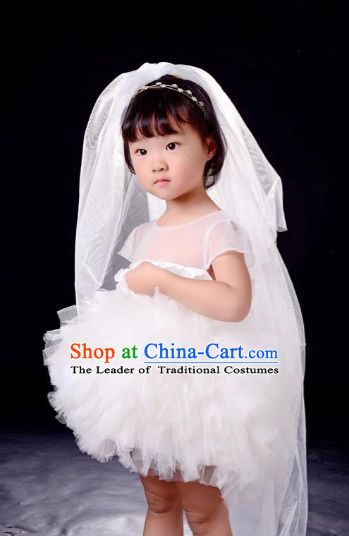 Top Grade Compere Professional Performance Catwalks Costume, Children Chorus White Bubble Formal Dress Modern Dance Baby Princess Modern Fancywork Long Trailing Dress for Girls Kids