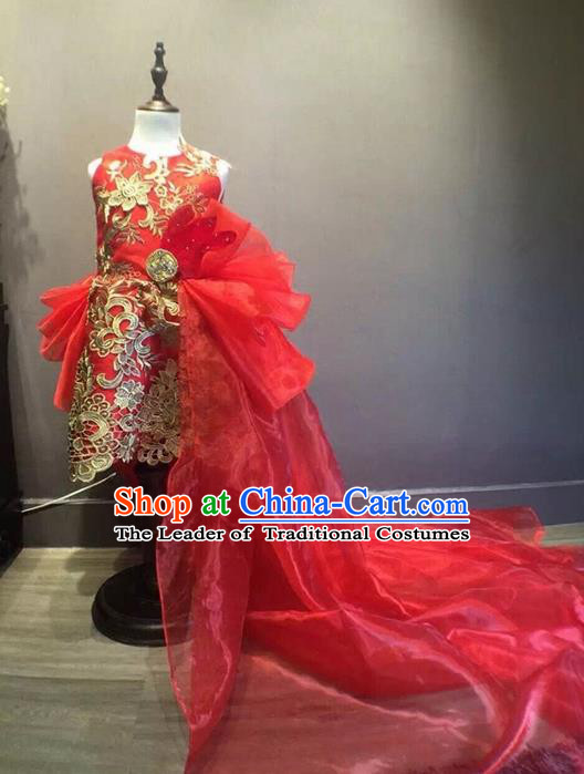 Top Grade Compere Professional Performance Catwalks Costume, Children Chorus China Style Tang Suit Red Bubble Formal Dress Modern Dance Baby Princess Modern Fancywork Long Trailing Dress for Girls Kids