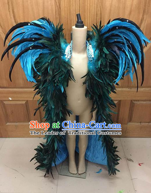 Top Grade Compere Professional Performance Catwalks Swimsuit Costume, Children Chorus Blue Feather Formal Dress Modern Dance Modern Fancywork Long Trailing Dress for Boys Kids