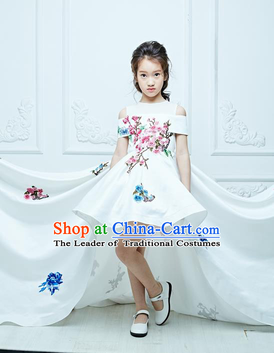 Top Grade Compere Professional Performance Catwalks Costume, Children Chorus White Bubble Full Dress Modern Dance Baby Princess Modern Fancywork Ball Gown Long Trailing Dress for Girls Kids