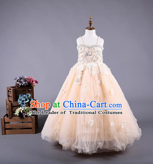 Top Grade Compere Professional Performance Catwalks Costume, Children Chorus Champagne Wedding Veil Full Dress Modern Dance Baby Princess Modern Fancywork Long Dress for Girls Kids