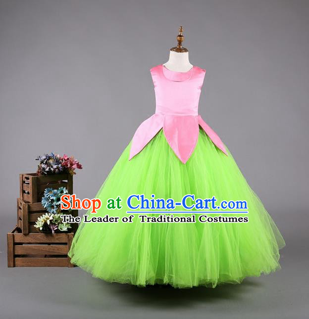 Top Grade Compere Professional Performance Catwalks Costume, Children Chorus Green Wedding Veil Full Dress Modern Dance Baby Princess Modern Fancywork Long Dress for Girls Kids