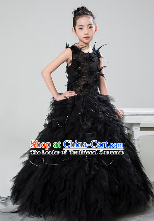 Top Grade Compere Professional Performance Catwalks Costume, Children Chorus Customize Black Feathers Bubble Full Dress Modern Dance Baby Princess Modern Fancywork Long Dress for Girls Kids