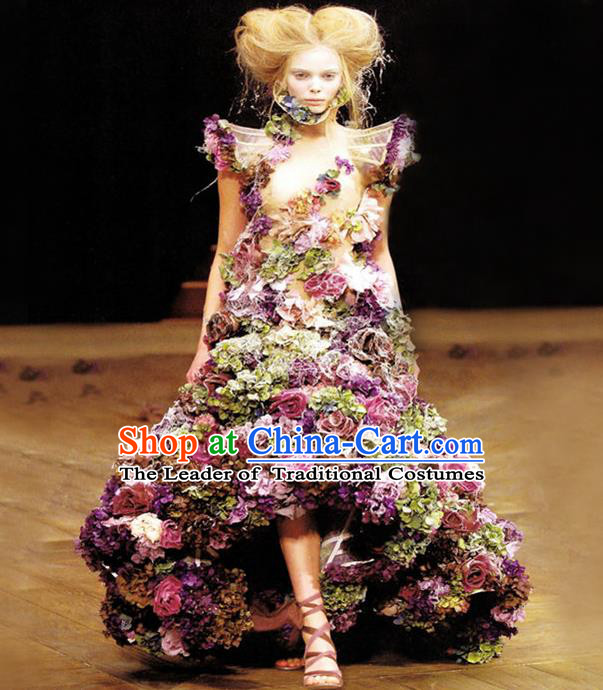 Top Grade Compere Professional Performance Catwalks Costume, Children Chorus Handmade Customize Long Trailing Flowers Full Dress Modern Dance Baby Princess Modern Fancywork Ball Gown Dress for Girls Kids