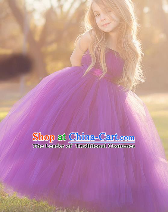 Top Grade Compere Professional Performance Catwalks Costume, Children Chorus Handmade Customize Purple Bubble Full Dress Modern Dance Baby Princess Modern Fancywork Ball Gown Dress for Girls Kids