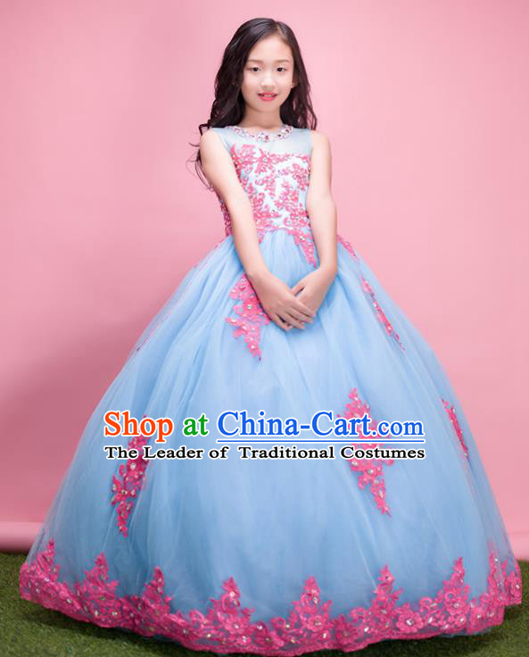 Top Grade Compere Professional Performance Catwalks Costume, Children Chorus Handmade Customize Blue Veil Bubble Full Dress Modern Dance Baby Princess Modern Fancywork Ball Gown Long Dress for Girls Kids