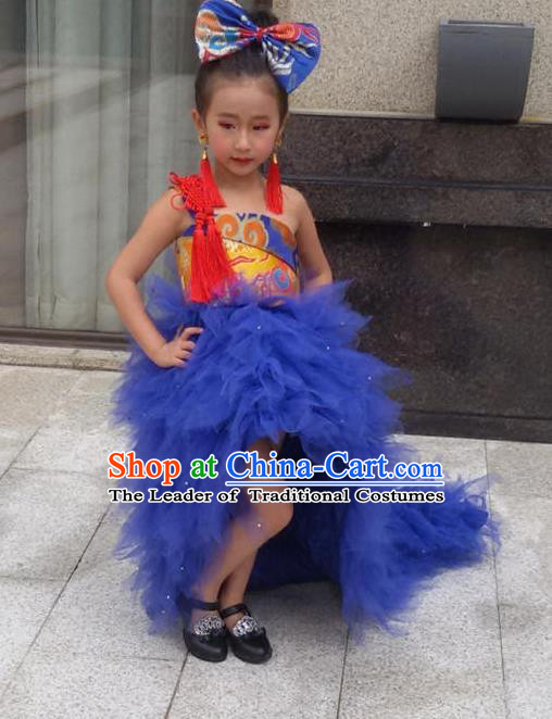 Top Grade Compere Professional Performance Catwalks Costume, Children Chorus Handmade Customize Blue Bubble Full Dress Modern Dance Baby Princess Modern Fancywork Ball Gown Long Trailing Dress for Girls Kids