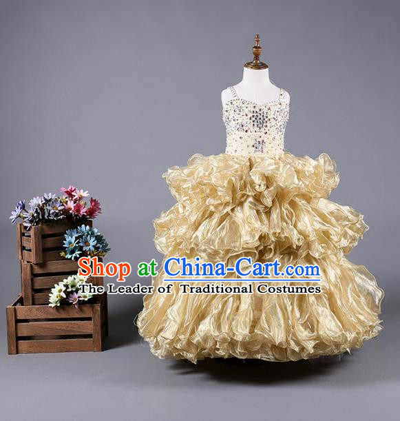 Top Grade Compere Professional Performance Catwalks Costume, Children Chorus Handmade Customize Flowers Full Dress Modern Dance Baby Princess Modern Fancywork Ball Gown Dress for Girls Kids