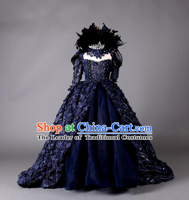 Top Grade Compere Professional Performance Catwalks Costume, Children Chorus Handmade Customize Blue Full Dress Modern Dance Baby Queen Modern Fancywork Ball Gown Long Trailing Dress for Girls Kids