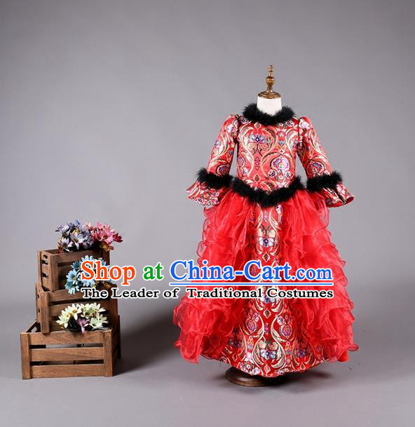 Top Grade Compere Professional Performance Catwalks Costume, China Tang Suit Red Cheongsam Children Chorus Formal Dress Modern Dance Baby Princess Modern Fancywork Long Trailing Dress for Girls Kids