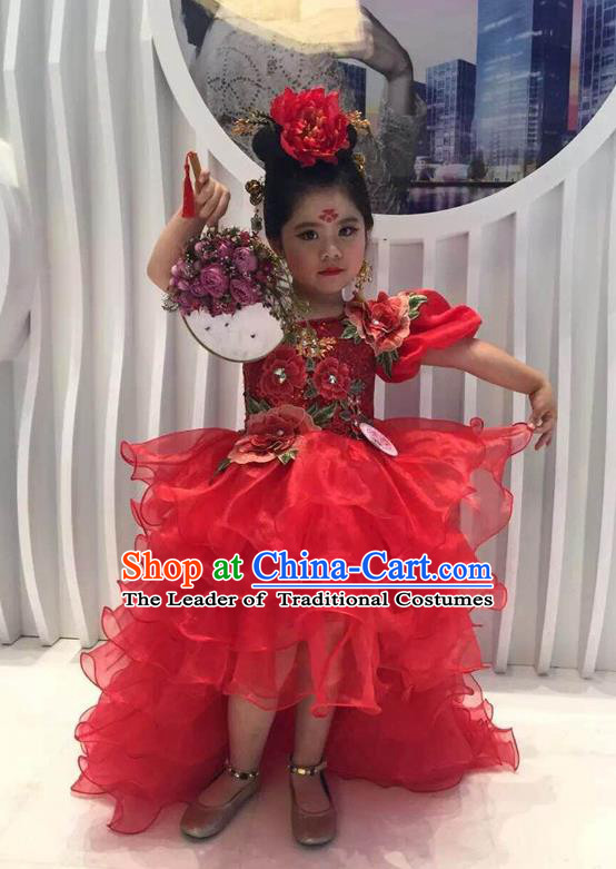 Top Grade Compere Professional Performance Catwalks Costume, Children Chorus Handmade Customize Red Full Dress Modern Dance Baby Princess Modern Fancywork Ball Gown Long Trailing Dress for Girls Kids