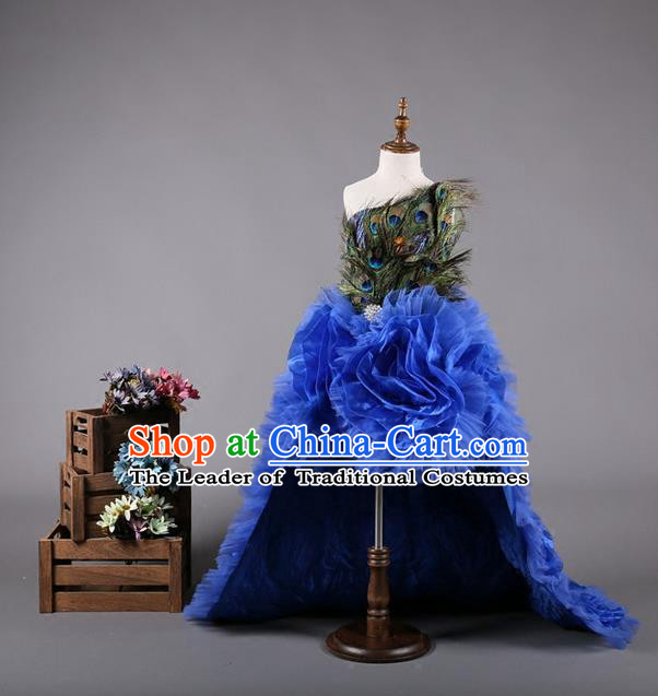 Top Grade Compere Professional Performance Catwalks Costume, Children Chorus Handmade Customize Peacock Feather Full Dress Modern Dance Baby Princess Modern Fancywork Ball Gown Long Trailing Dress for Girls Kids