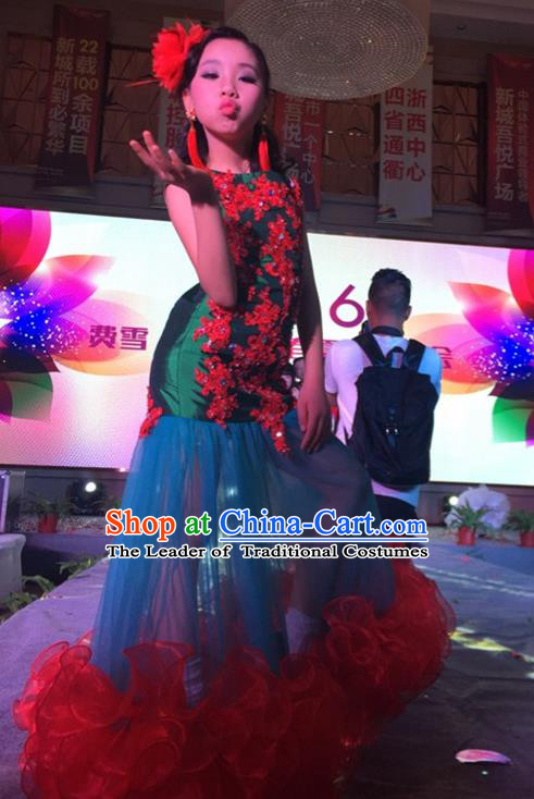 Top Grade Compere Professional Performance Catwalks Costume, Children Chorus Customize Fishtail Bubble Formal Dress Modern Dance Baby Princess Modern Fancywork Ball Gown Long Trailing Mermaid Dress for Girls Kids