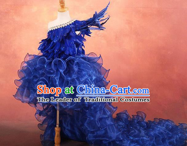 Top Grade Compere Professional Performance Catwalks Costume, Children Chorus Customize Blue Bubble Full Dress Modern Dance Baby Princess Modern Fancywork Ball Gown Long Trailing Dress for Girls Kids