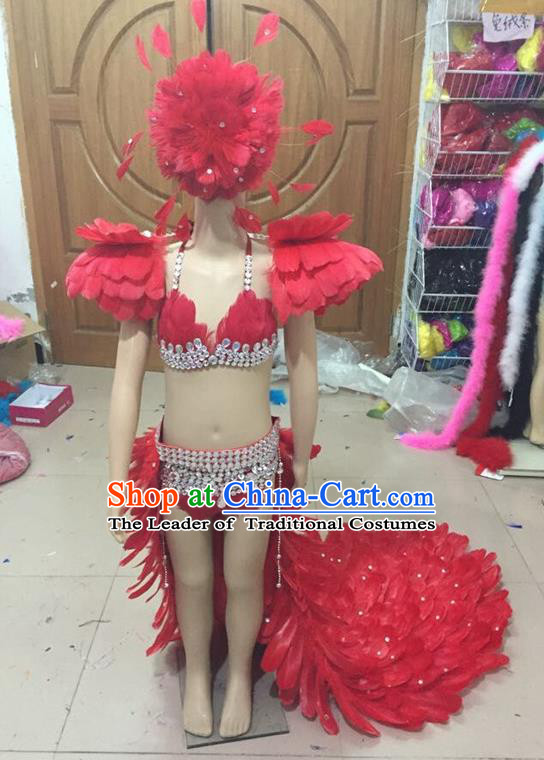 Top Grade Compere Professional Performance Catwalks Swimsuit Costume, Children Chorus Customize Red Full Dress Modern Dance Baby Princess Modern Fancywork Long Trailing Clothing for Girls Kids