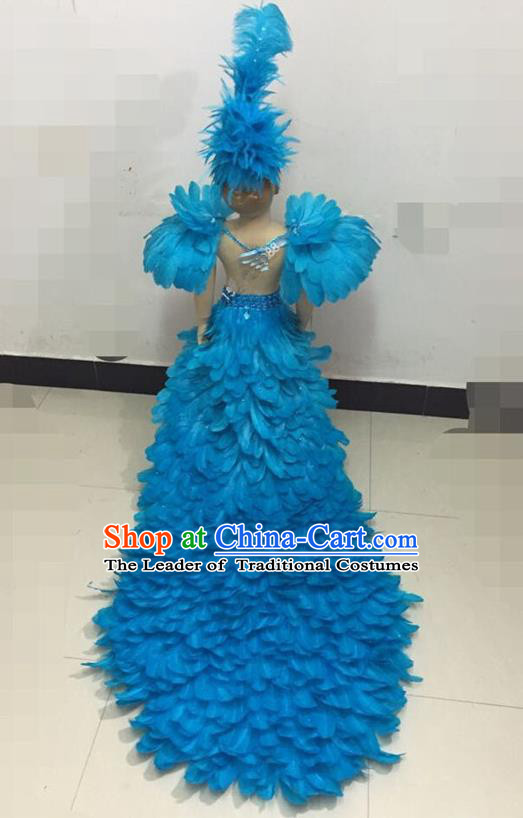 Top Grade Compere Professional Performance Catwalks Swimsuit Costume, Children Chorus Customize Blue Feather Full Dress Modern Dance Baby Princess Modern Fancywork Long Trailing Clothing for Girls Kids