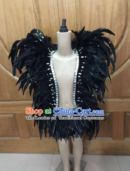 Top Grade Compere Professional Performance Catwalks Swimsuit Costume, Children Chorus Black Feather Formal Dress Modern Dance Model Fancywork Clothing for Boys Kids