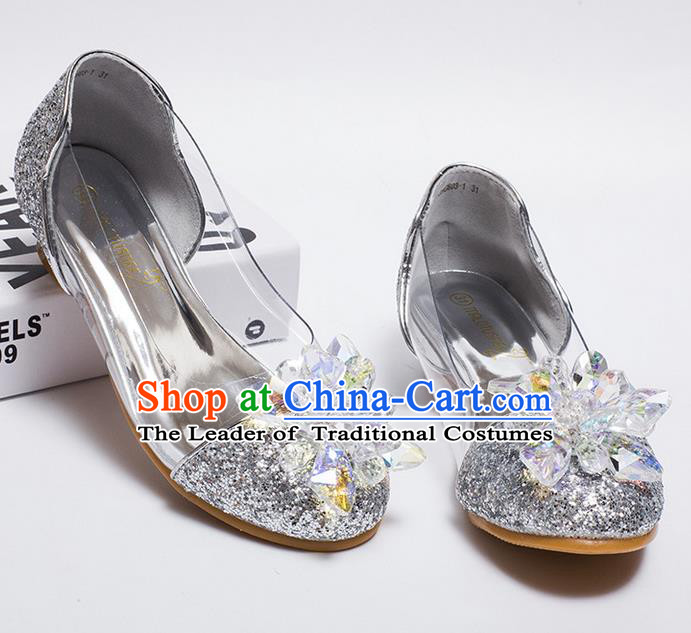 Top Grade Handmade Classical Crystal Dance Shoes, Children Baroque Style Wedding Princess silver Dance Shoes for Girls