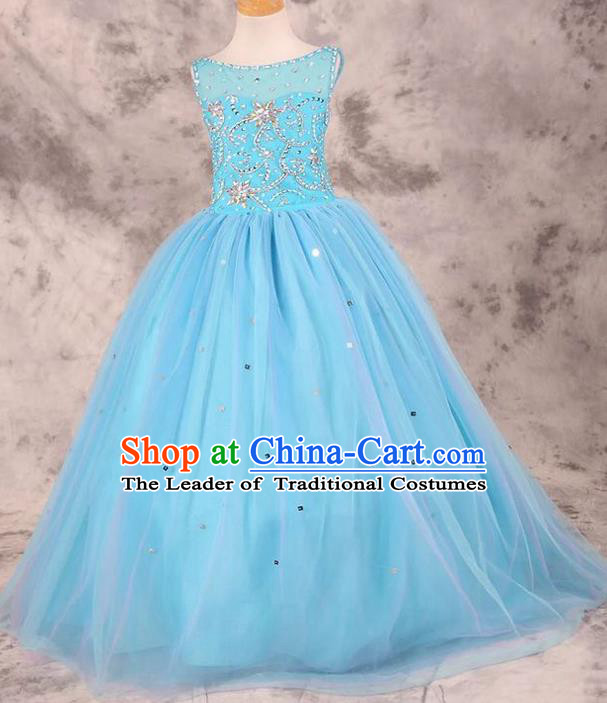 Top Grade Compere Professional Performance Catwalks Costume, Children Chorus Blue Bubble Wedding Full Dress Modern Dance Baby Princess Modern Fancywork Dress for Girls Kids