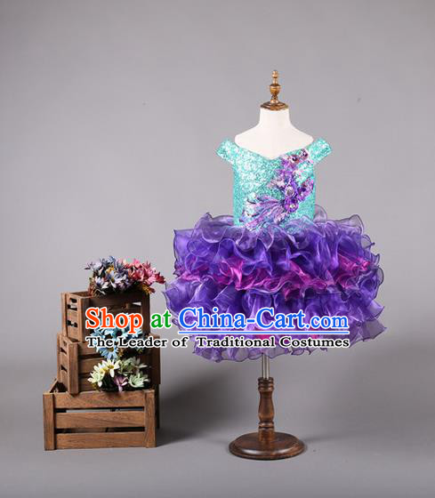 Top Grade Compere Professional Performance Catwalks Costume, Children Chorus Customize Purple Bubble Veil Full Dress Modern Dance Baby Princess Modern Fancywork Short Ball Gown Dress for Girls Kids