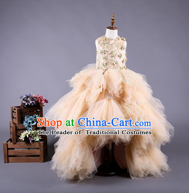 Top Grade Compere Professional Performance Catwalks Costume, Children Chorus Customize Champagne Bubble Veil Diamante Full Dress Modern Dance Baby Princess Modern Fancywork Long Trailing Ball Gown Dress for Girls Kids