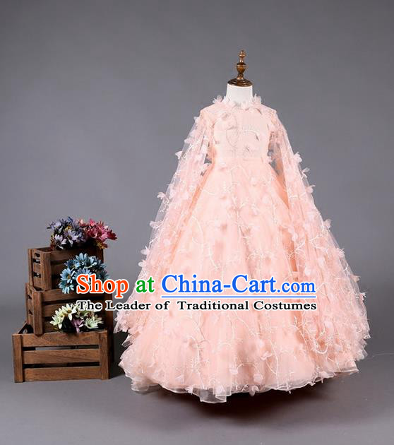 Top Grade Compere Professional Performance Catwalks Costume, Children Chorus Pink Bubble Batwing Sleeve Full Dress Modern Dance Baby Princess Modern Fancywork Dress for Girls Kids