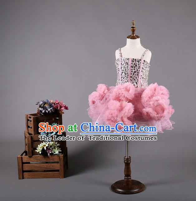 Top Grade Compere Professional Performance Catwalks Costume, Children Chorus Pink Bubble Full Dress Modern Dance Baby Princess Modern Fancywork Short Dress for Girls Kids